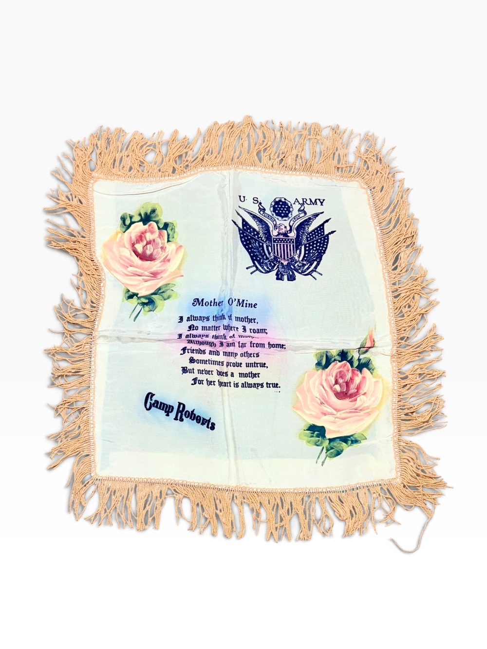 Vintage WWII US Army Camp Roberts Mother Sweetheart Satin Fringe Pillow Cover